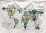 Full panel swatch journey themed fabric in map panel (28" x 43") (white/grey marbled fabric with blue/green/yellow watercolour style map and faint travel keywords behind)