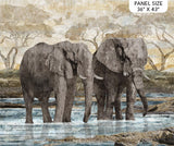 Full panel swatch - New Dawn Panel (36" x 43") (two large grey elephants in shallow water surrounded by rocks, pale cream background with tree and bird silhouettes)