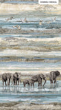 Flat swatch dawn elephant fabric - long rectangular fabric with line of 5 grey elephants along bottom in shallow water surrounded by rock, above lines of cream and blue sky texture and birds