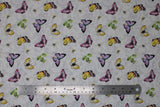 Flat swatch tossed butterflies fabric (pale grey fabric with subtle cream swirly floral decorative allover and tossed butterflies in yellow, purple and pink colours with small tossed bees and green leaves)