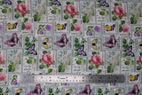 Flat swatch stamps fabric (pale grey fabric with white stamps collaged allover with greenery, floral and butterflies allover in green, pink, purple, yellow, white colours)