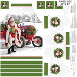 Full panel swatch - Apron Set Panel (43" x 43") (green trim apron with realistic look snowy background imagery with fully suited Santa with gift in front of red vehicle)