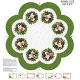 Full panel swatch - Tree Skirt Panel (43" x 43") (white tree skirt with thick green trim stripe, repeated pattern in scalloped shapes green Christmas wreath with Santa face inside)