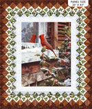 Full panel swatch - Cardinal Panel (36" x 46") (quilted brick look outer border with white quilt look squares border with greenery and holly within, large center graphic of red cardinal bird looking into window from outside, holly branches around)