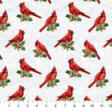 Flat swatch cardinal toss fabric (white fabric with tossed red cardinal birds standing on green and red holly branches)