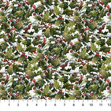Flat swatch snowy berries fabric (white fabric with tossed holly greenery and red berries allover with snow covered leaves)