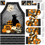 Full panel swatch - Mitt Panel (43" x 43") (apron and oven mitts panel featuring same design as Black Cat Panel for apron, with decorative pumpkin collaged oven mitts in orange)