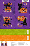 Full panel swatch - Bag Panel (43" x 28") (instructional bag panel to make 2 trick or treating bags: purple background with "Happy Halloween" and "Trick or Treat" text on either side with cat and jack-o-lantern graphics, orange and green straps)
