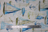 Flat swatch large boats fabric (neutral coloured fabric with large nautical images sail boats, bottles, anchors, etc.)