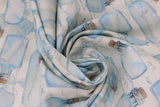Swirled swatch message in the bottle fabric (neutral coloured fabric with tossed blue bottles with white scrolls inside, cork topper)