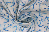 Swirled swatch anchor toss fabric (neutral fabric with tossed blue anchors allover)