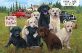 Full panel swatch - For Sale Panel (36" x 24") (rectangular outdoor scene 8 lab/retriever puppies in golden, black and brown on grass with "puppies for sale" sign and house, truck and trees in background)