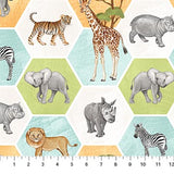 Square swatch Animal Portraits fabric (beige, orange, green and blue hexagon printed fabric with posed zoo animals within shapes)