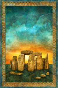 "Stonehenge Solstice" text Collection Poster (Celtic style side borders and text over sunset Stonehenge scene)