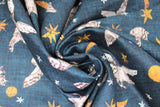 Swirled swatch navy owls fabric (dark navy fabric with tossed drawn style white/grey barn owls in various poses/flight stages and tossed white and orange stars in various sizes, tossed orange crescent and full moons)