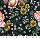 Square swatch Dark Floral Mix fabric (black and green shadowed look fabric with busy tossed illustrative floral allover in light colours with tossed bees)