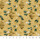 Square swatch Golden Nests Fabric (gold fabric with tossed golden bees nests with green leaves, white and yellow flowers and tossed bees all in illustrative style)