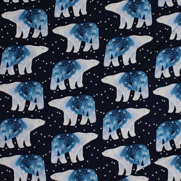 Square swatch Polar Bears fabric (navy fabric with small white stars/snow dots and white polar bears allover with blue sky look bottoms)