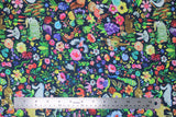 Flat swatch garden of life fabric (dark blue fabric with brightly coloured jungle and forest plants and animals owls, bunnies, insects, tigers, monkeys etc. in bright paint look style and colours)