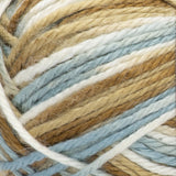 Red Heart soft yarn swatch in shade  icy pond (white, pale blue, taupe, brown colourway)