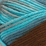 Red Heart soft yarn swatch in shade waterscape (blues and browns colourway)