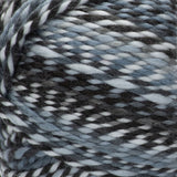 Swatch of Red Heart Gemstone yarn in shade onyx (white/dark neutral twists: greys/black colourway)