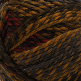 Swatch of Red Heart Gemstone yarn in shade citrine (dark faded green, mustard yellow, orange, grey colourway with twists)
