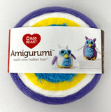 Amigurumi 4 colour yarn wheel (owls) white and yellow for bodies/feet, light blue for accents, faded purple for body/wings
