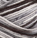 Swatch of Red Heart Heat Wave yarn in shade thunderstorm (white, light to darkest grey ombre)
