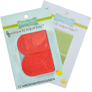 Fanned packages of different colour options of Babyville Boutique EZ Adjust Taps (rounded velcro or hook and loop tabs slightly longer than they are wide, with one rounded end and one square end)
