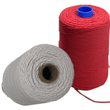 Two large spools of narrow braided elastic, one white, one red
