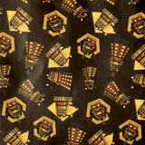 Square swatch Doctor Who printed fabric (dark brown fabric with bronze Dalek and Tardis in yellow octagons and diamonds tossed)