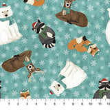 Flat swatch Frosty Friends Toss fabric (pale teal fabric with tossed snowflakes background and tossed cartoon woodland/forest friends wearing winter hats and scarves: polar bear, racoon, fox, deer)