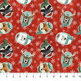 Flat swatch Frosty Friends Portrait fabric (red fabric with white snowflake toss background with tossed oval teal badges allover with woodland/forest friends cartoon style with winter hats and scarves: polar bear, deer, fox, racoon)