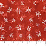 Flat swatch Small Snowflakes Red fabric (red marbled look fabric with tossed white and pale red snowflakes allover)
