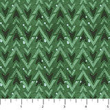 Flat swatch Green Stripe fabric (green marbled look fabric with pale chevron style stripes and dark green arrowhead look shapes and tossed white snowflake dots)