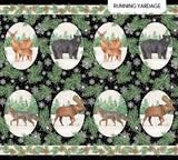 Flat swatch Vignettes fabric (black fabric with tossed white snowflakes and green pine branches allover with oval shaped vignettes with snowy scene deer, bears, moose, and fox)