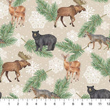Flat swatch Pine Toss Natural fabric (beige fabric with tossed white snowflakes and tiny dots, tossed evergreen branches, tossed woodland animals: fox, moose, deer and bears)