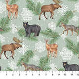 Flat swatch Pine Toss Green fabric (pale green fabric with tossed white snowflakes and tiny dots, tossed evergreen branches, tossed woodland animals: fox, moose, deer and bears)