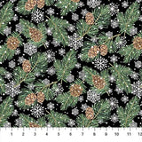 Flat swatch Pinecones & Snow Black fabric (black fabric with tossed white snowflakes, tossed evergreen branches and brown pinecones)