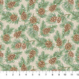 Flat swatch Pinecones & Snow Natural fabric (beige fabric with tossed white snow dots, tossed evergreen branches and brown pinecones)