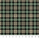 Flat swatch Plaid Black fabric (black fabric with beige, white and green plaid lines/squares)