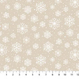 Flat swatch Snowflakes Natural fabric (beige fabric with tossed white snowflakes and snow dots in various styles and sizes)