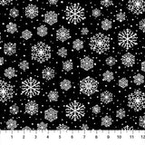 Flat swatch Snowflakes Black fabric (black fabric with tossed white snowflakes and snow dots in various styles and sizes)
