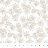 Flat swatch Beige & White fabric (white fabric with beige evergreen branch silhouettes and pinecone drawings)