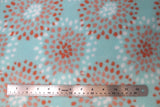 Flat swatch FLC fleece print in burst in navy/coral (white and coral dotted circle pattern on light blue)
