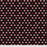 Flat swatch Peppermint Stars Black fabric (black fabric with tossed red and white circular candy mints and red stars allover)