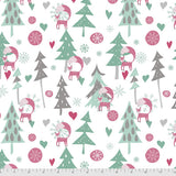 Square swatch Snowy Day White fabric (white fabric with tossed pale coloured trees, snowflakes, hearts, foxes in pink, green and grey shades)