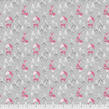 Square swatch Foxes Gray fabric (grey fabric with tossed white snow dots and white/grey trees allover with tossed pink foxes in various poses)