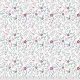 Square swatch Holly White fabric (white fabric with tossed greenery and sprigs allover with red holly berries and floral heads)